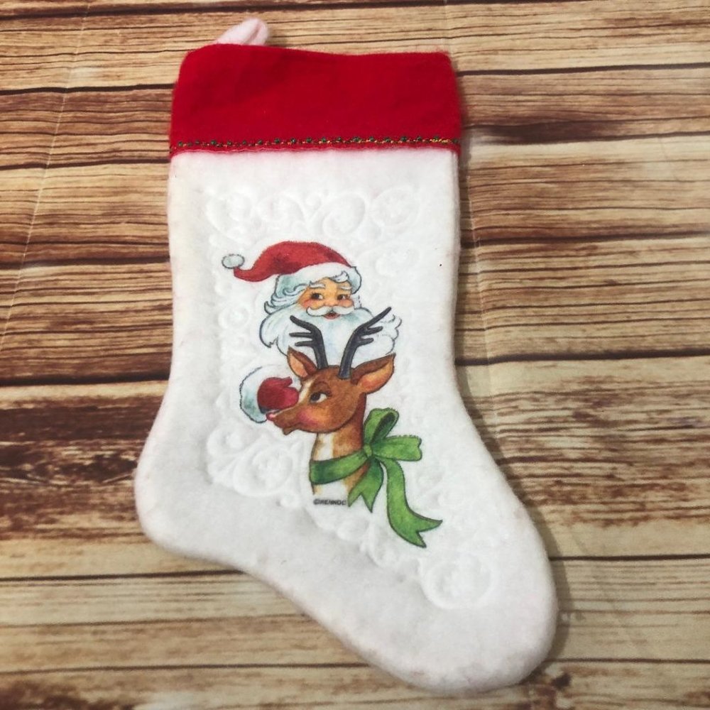 Vintage Santa Claus And Rudolph Felt Christmas Stocking White Red Rennoc 1982
